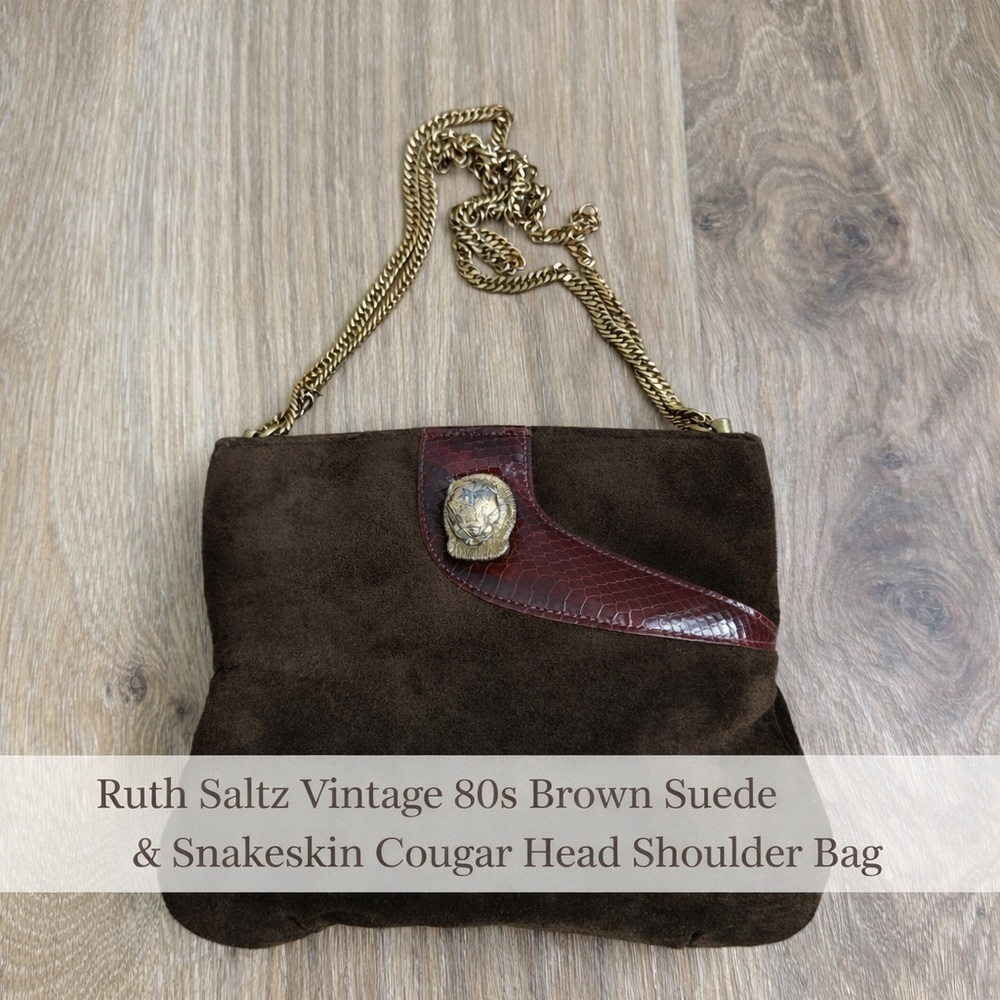 Ruth Saltz Vintage 80s Brown Suede & Snakeskin Cougar Head Shoulder Bag